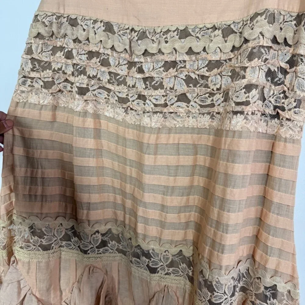 Camelot Italy Peach Lace Tiered Midi Skirt Size S Boho Romantic Cottagecore